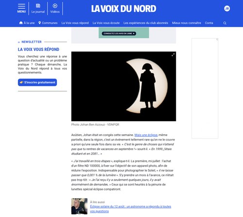 Capture de l’article consacré aux coulisses de la photographie de l’éclipse solaire de 2026